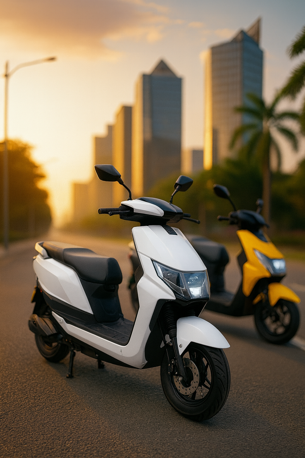 Zelo Electric Knight+ white electric scooter parked on an urban road with modern skyscrapers in the background