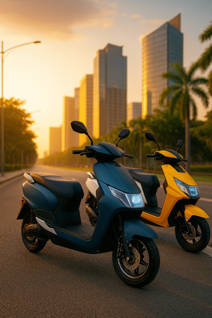 Side view of Zelo Electric Knight+ showcasing sleek design and LED headlamp in city setting